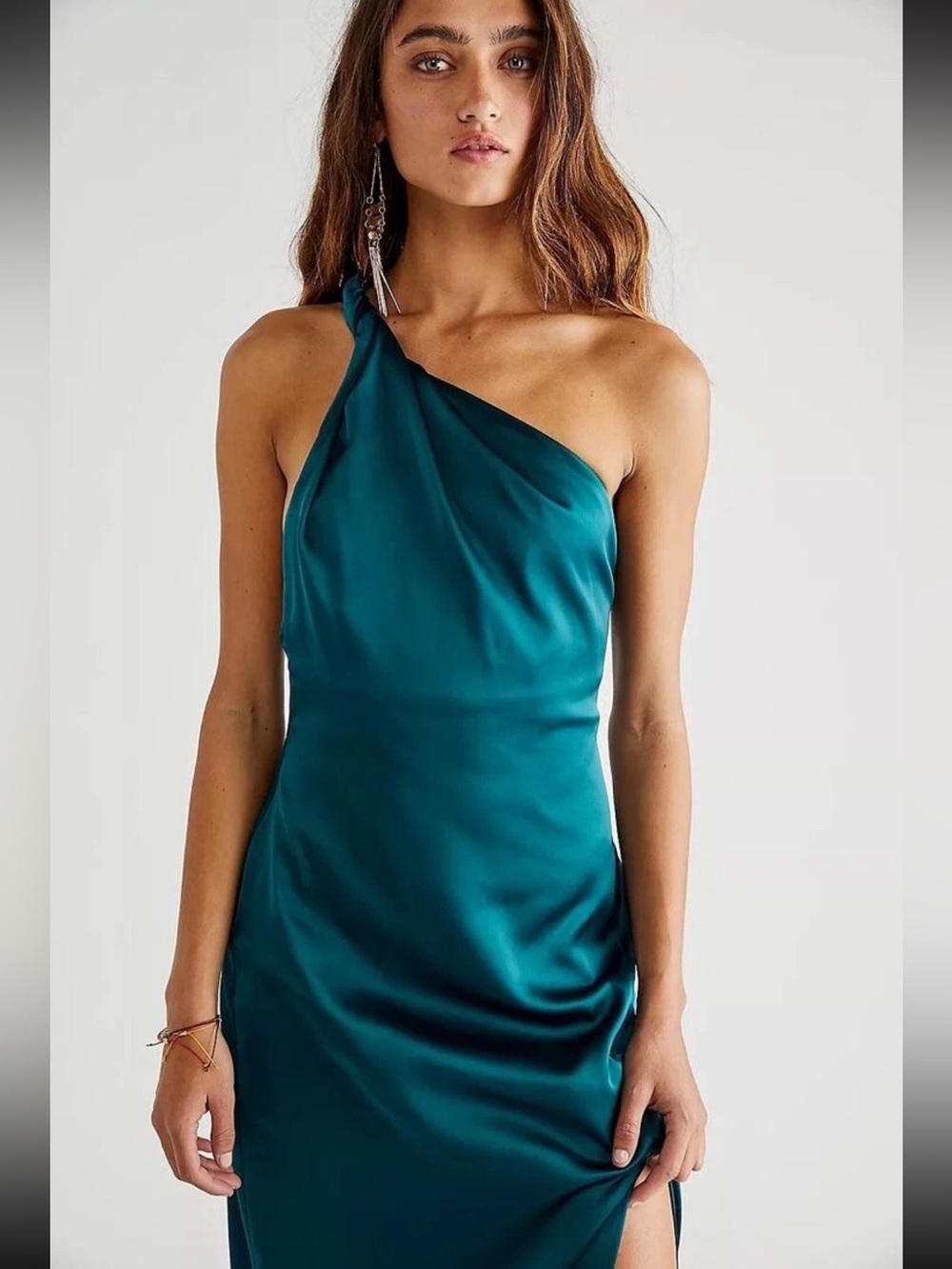 Free People Teal One-Shoulder Satin Maxi Dress with Front Slit - Picture 4 of 8
